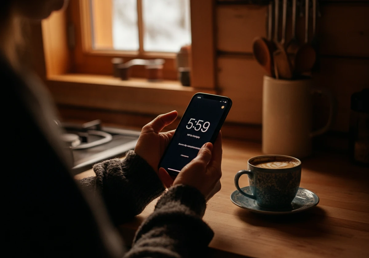 Person sjekker telefon med tidlig solnedgang ved siden av kaffekopp, kaffe og mørketid om ettermiddagen