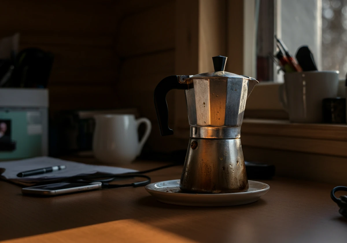 Halvtom kaffekanne på kontorpult i mørkt ettermiddagslys, kaffe og mørketid på jobb