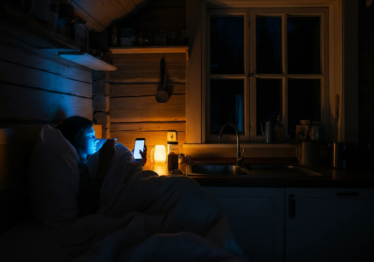 Person ligger våken i sengen om natten med svakt blått telefonlys, søvnløshet knyttet til kaffe og mørketid