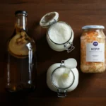 Kombucha, kefir og surkål side om side, illustrasjon til sammenligning av fermentert mat