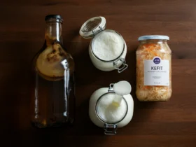Kombucha, kefir og surkål side om side, illustrasjon til sammenligning av fermentert mat