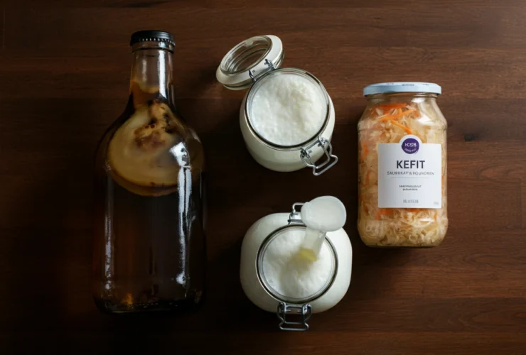 Kombucha, kefir og surkål side om side, illustrasjon til sammenligning av fermentert mat
