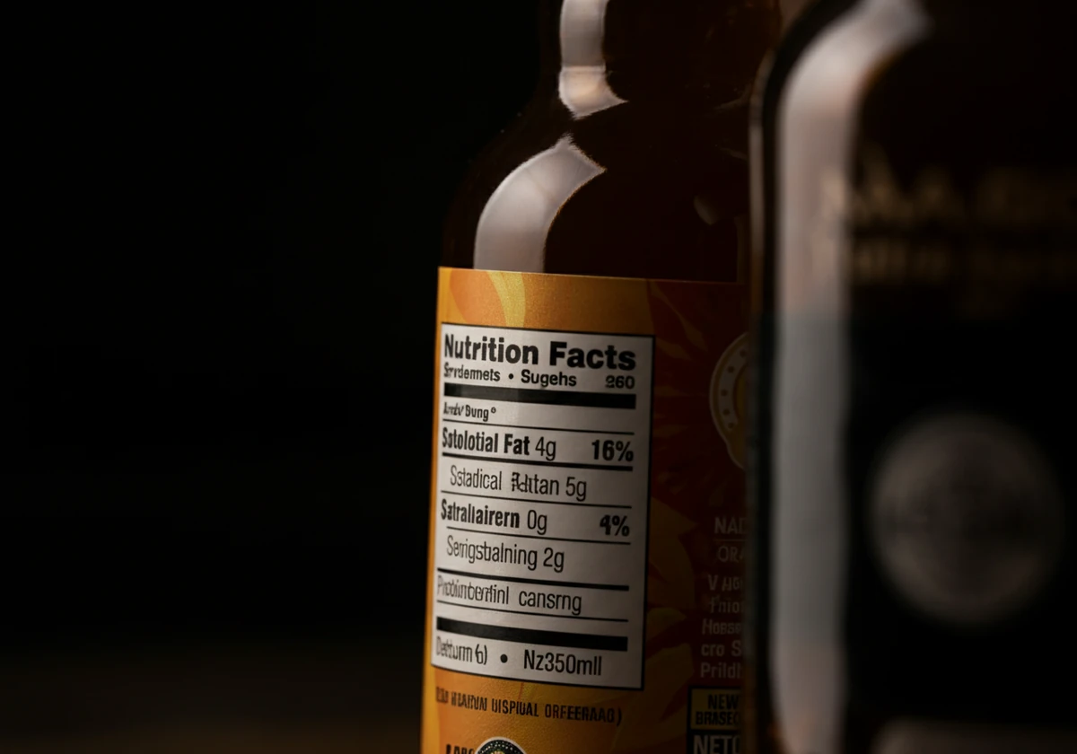 Varedeklarasjon som viser sukkerinnhold i kommersiell kombucha