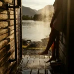 Kontrastdusj utendørs ved fjorden på en norsk hytte
