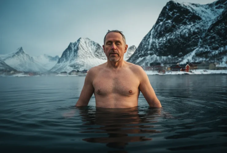 Mann står i kaldt fjordvann i Lofoten om vinteren og puster rolig