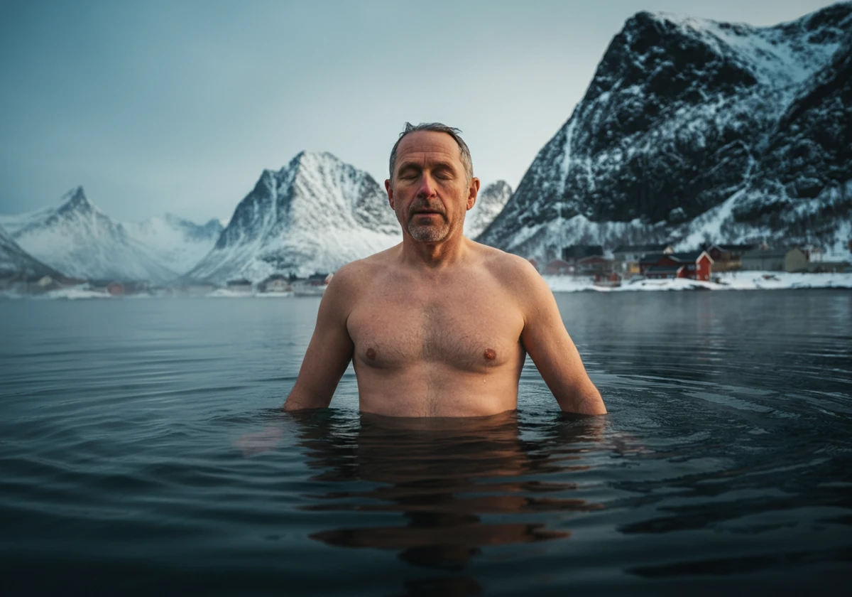 Mann står i kaldt fjordvann i Lofoten om vinteren og puster rolig