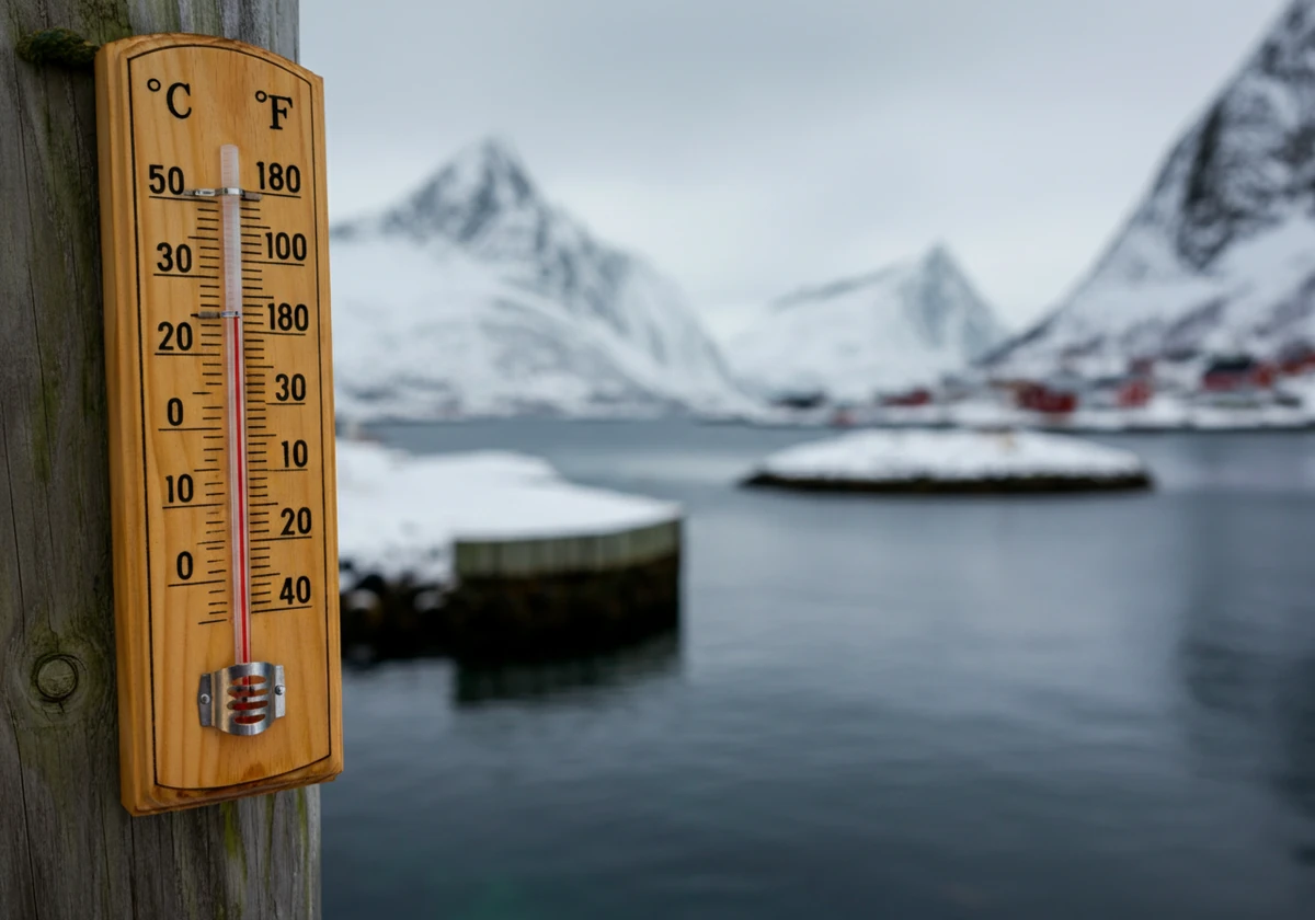 Termometer på en brygge i Lofoten viser temperatur nær null grader