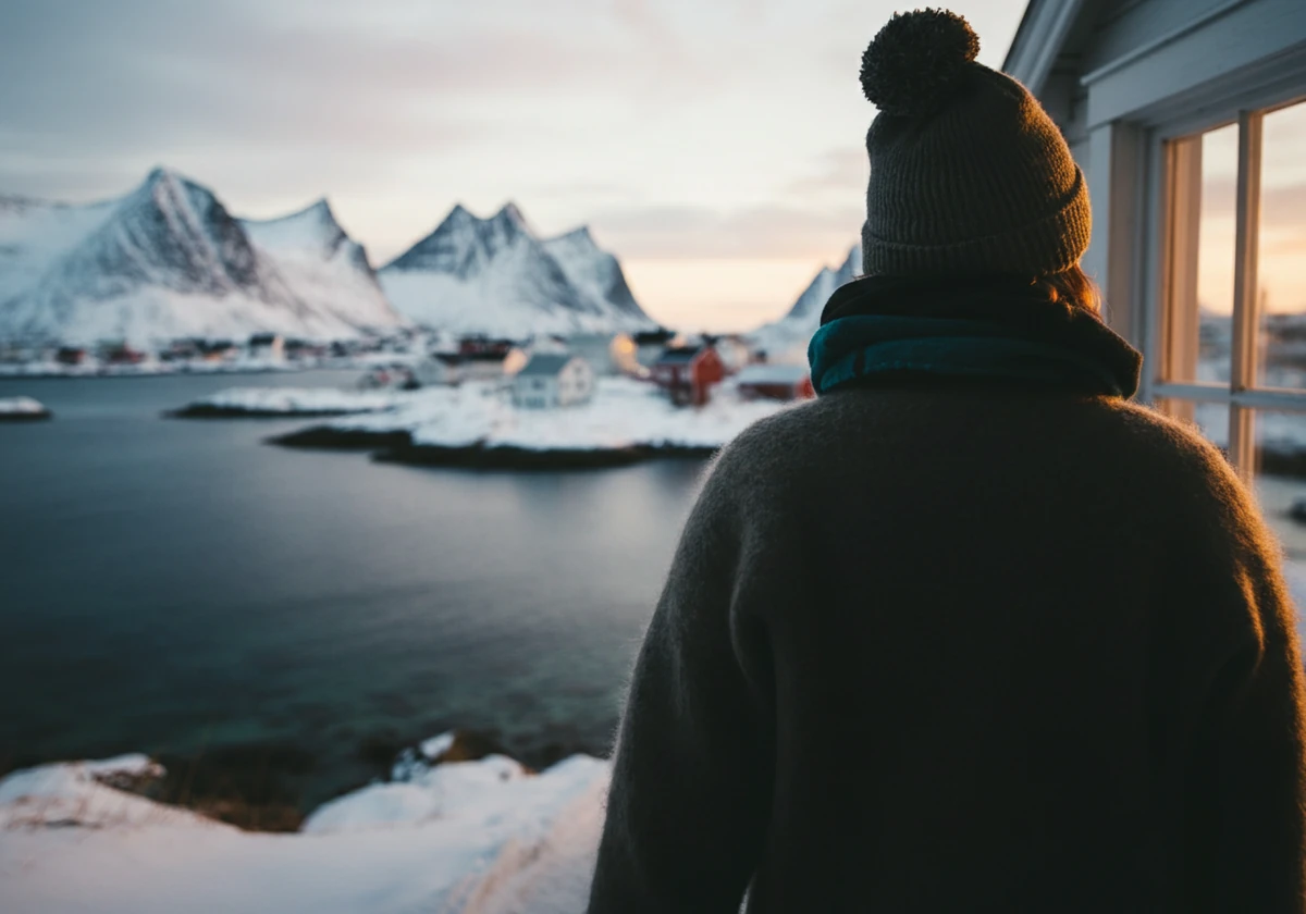 Person går på en snødekt kyststi i Lofoten i ullklær med pust synlig i kulda