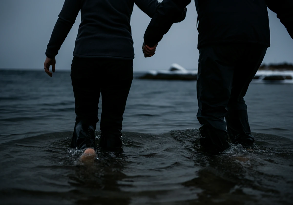 To personer går sammen ut i iskaldt sjøvann på en norsk vinterstrand