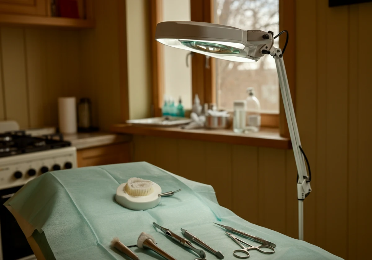 Undersøkelsesrom for fotpleie med sterile instrumenter, relevant ved vurdering av liktorn samme sted