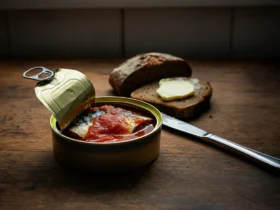 Åpnet boks med makrell i tomat på et trebord med skiver av grovt brød