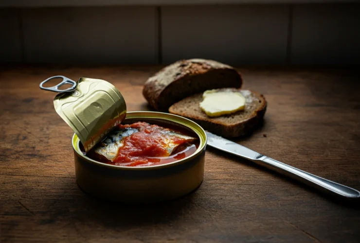 Åpnet boks med makrell i tomat på et trebord med skiver av grovt brød