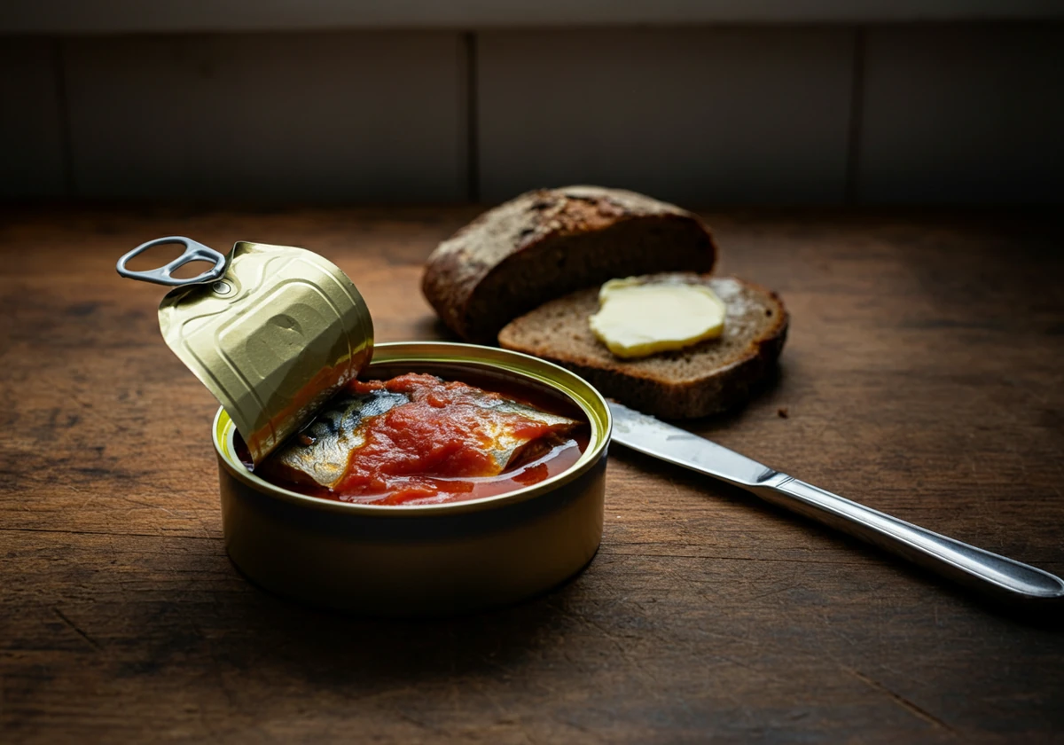Åpnet boks med makrell i tomat på et trebord med skiver av grovt brød
