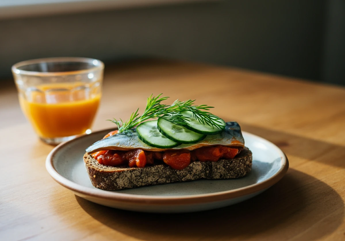 Norsk skive med makrell i tomat på grovt brød med agurk og dill