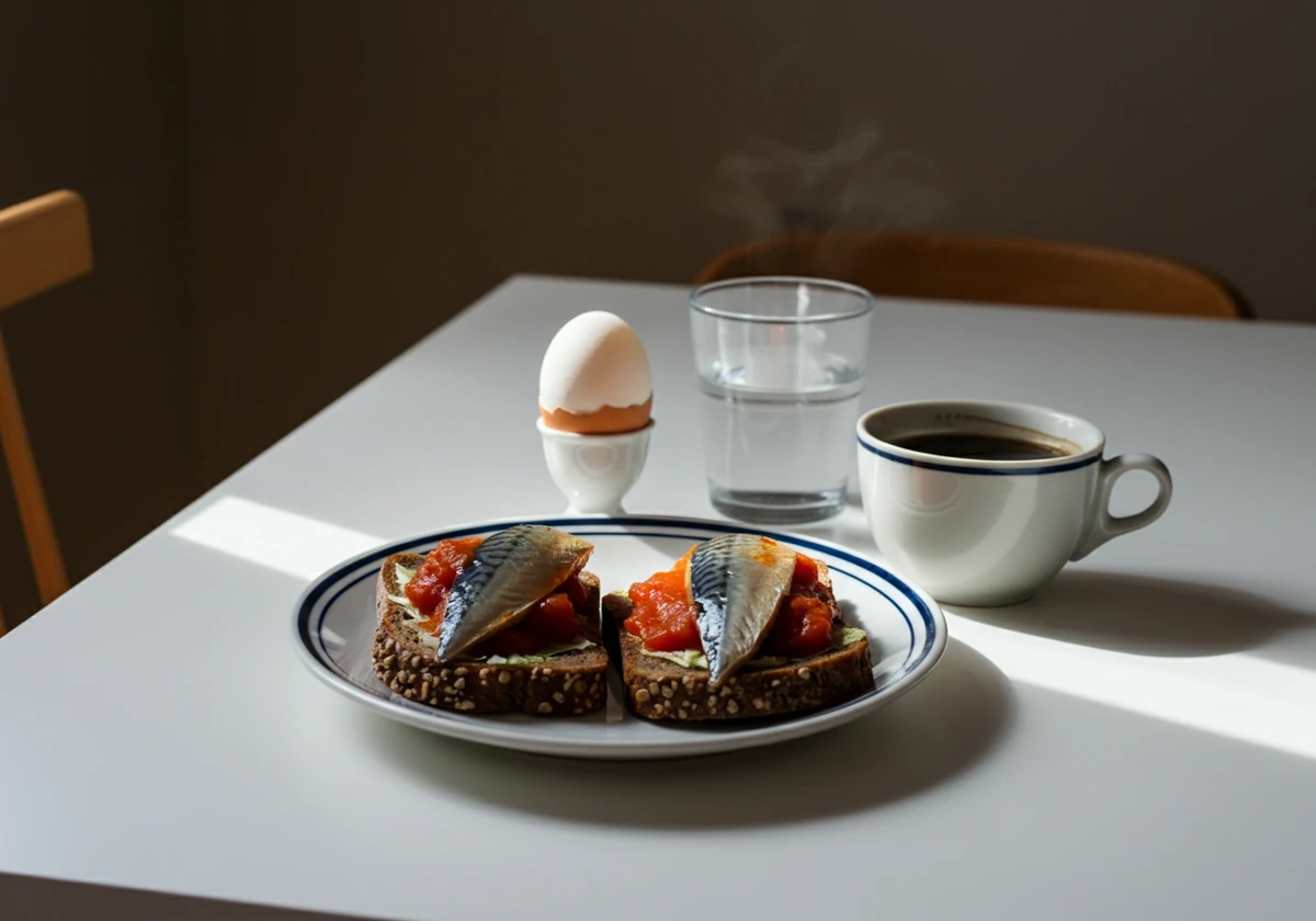 Enkel frokosttallerken med makrell i tomat, egg og kaffe