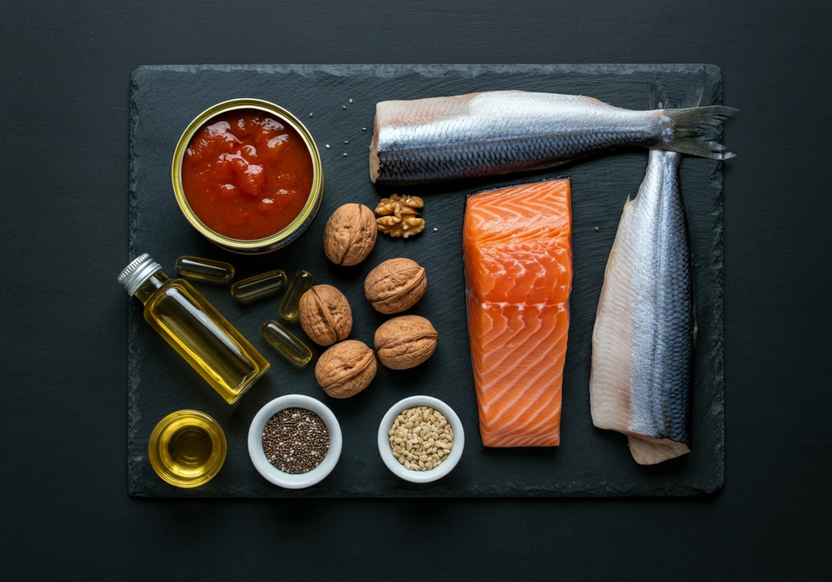 Flatlay med omega-3-rik mat: makrell i tomat, laks, sild og nøtter