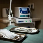 Klinikkbord med sterile instrumenter til medisinsk fotpleie