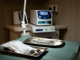 Klinikkbord med sterile instrumenter til medisinsk fotpleie