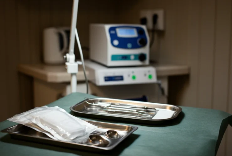 Klinikkbord med sterile instrumenter til medisinsk fotpleie
