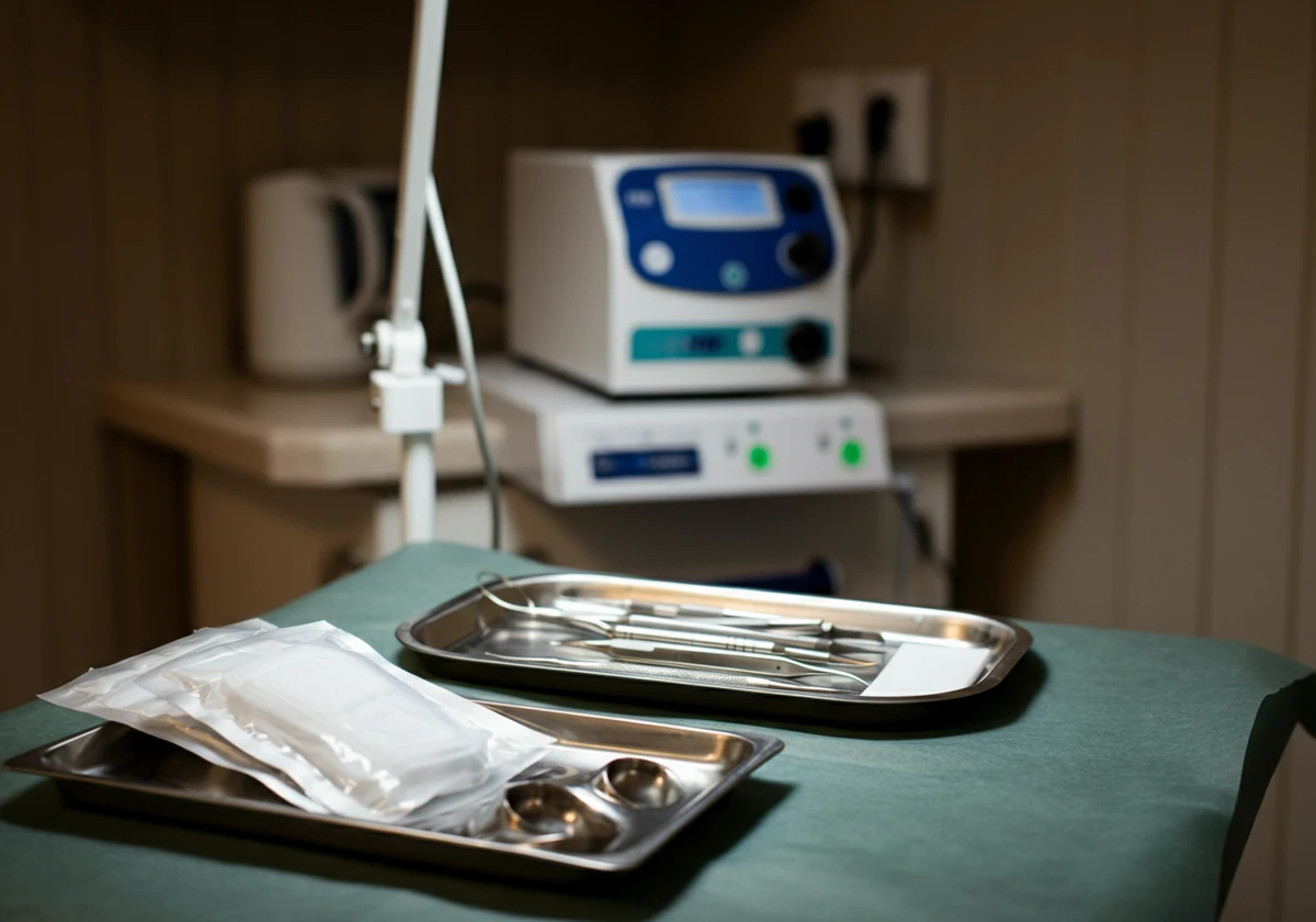 Klinikkbord med sterile instrumenter til medisinsk fotpleie