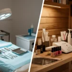 Sammenligning mellom medisinsk fotpleie og klassisk pedikyr, klinikkbord og salongbenk side om side