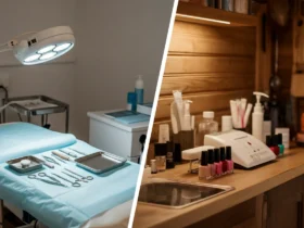 Sammenligning mellom medisinsk fotpleie og klassisk pedikyr, klinikkbord og salongbenk side om side