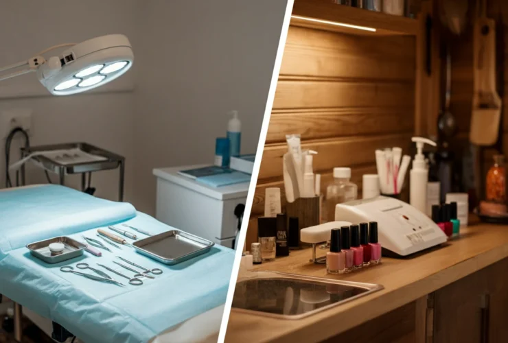 Sammenligning mellom medisinsk fotpleie og klassisk pedikyr, klinikkbord og salongbenk side om side