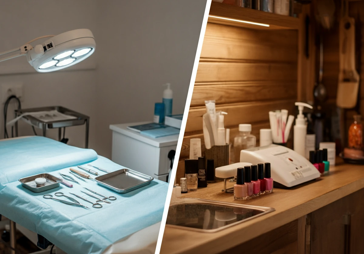 Sammenligning mellom medisinsk fotpleie og klassisk pedikyr, klinikkbord og salongbenk side om side