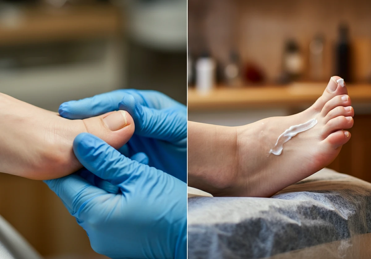 Nærbilde av irritert tåneglkant som undersøkes, sammenlignet med kremsmøring under en pedikyrbehandling