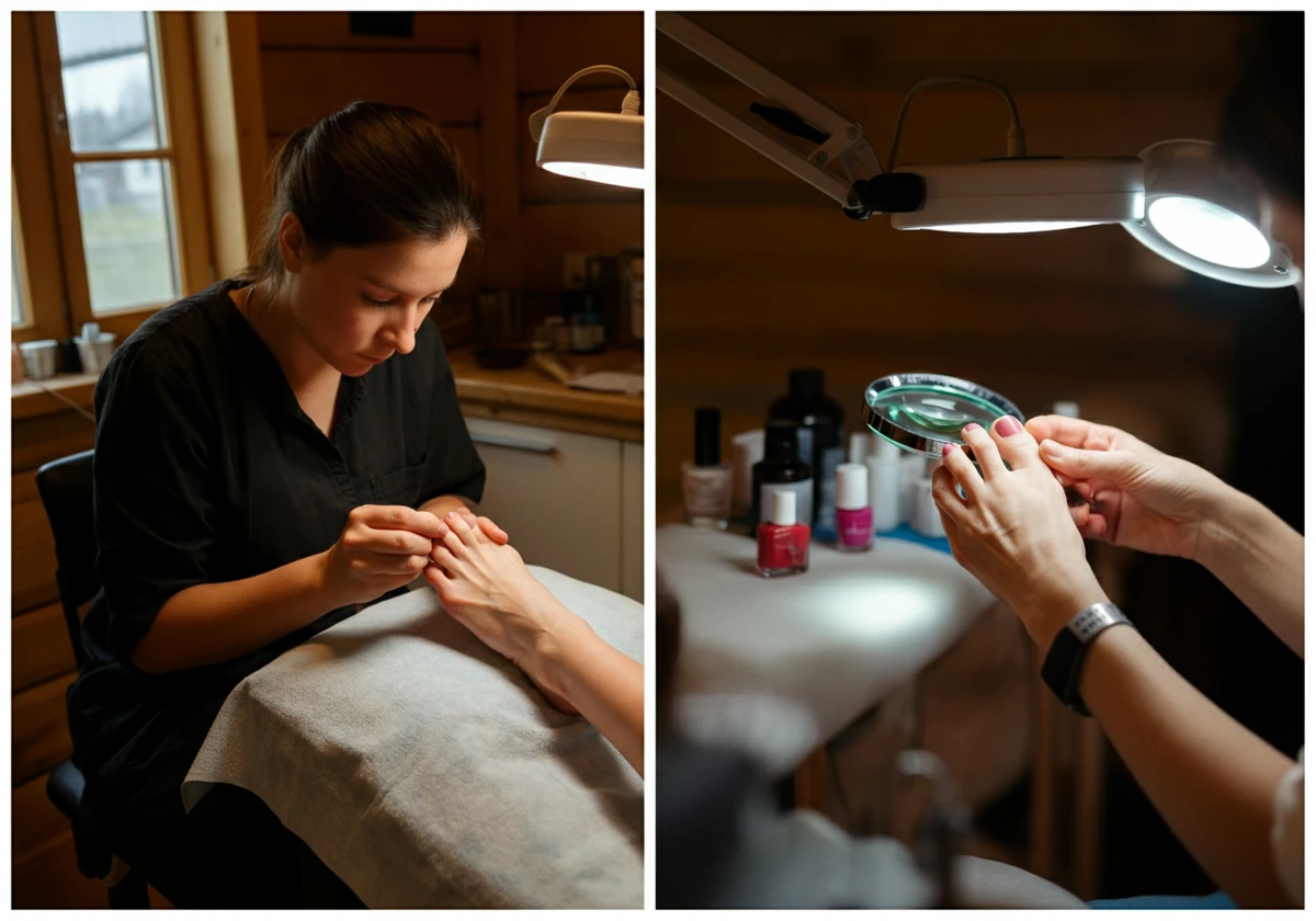 Podolog som undersøker en tånegl under lupelampe, sammenlignet med en pedikyrbehandling med neglelakk