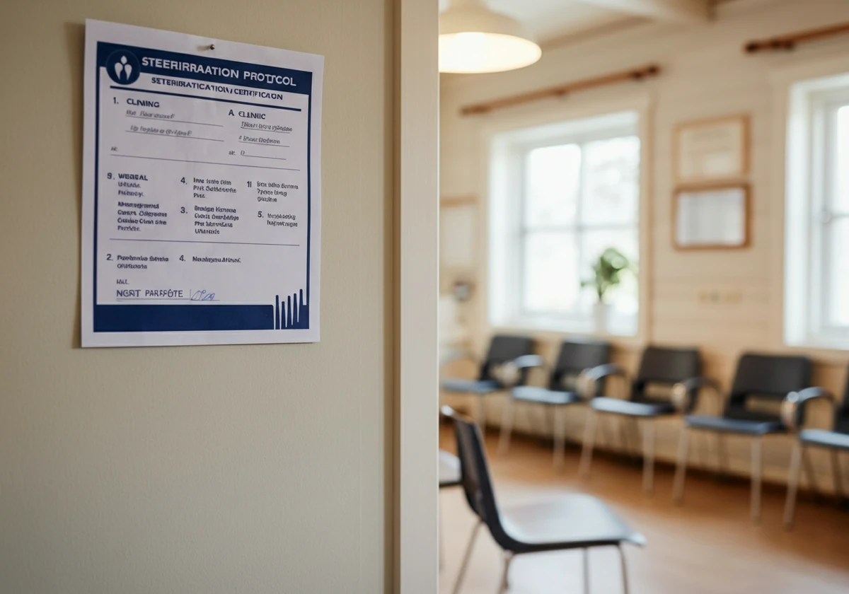 Steriliseringssertifikat og hygieneprotokoll på veggen i en fotpleieklinikk