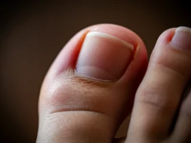 Sunn tånegl med pembemsi-gjennomsiktig overflate, referanse for misfarget tånegl