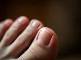 Nærbilde av tåneglens vekstlinje, illustrerer tidsforløpet i neglesopp behandling