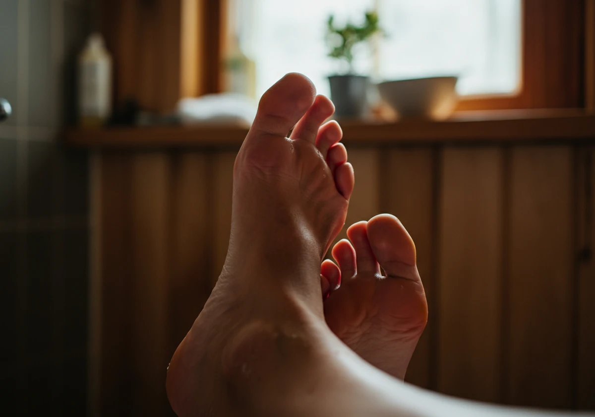 Tørket fot etter dusj med fokus på tåmellomrom, viktig hygiene ved neglesopp behandling