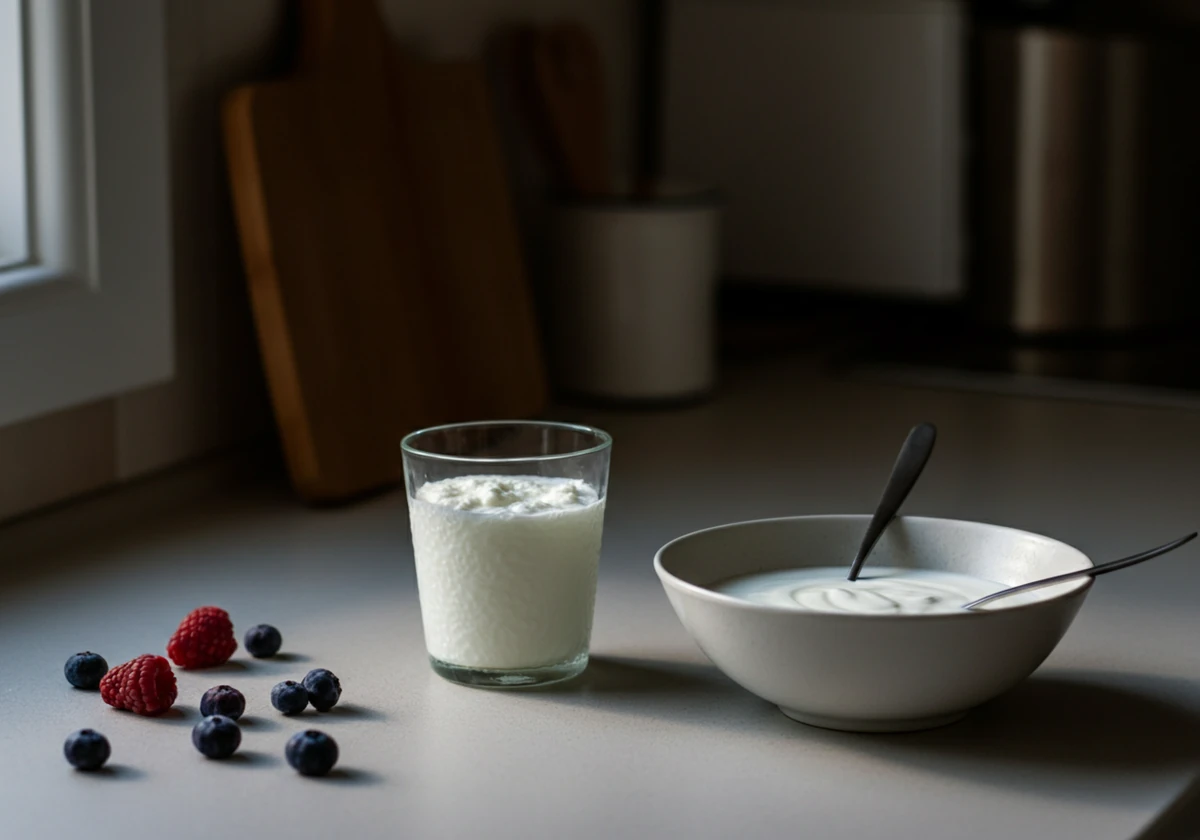 Kefir og yoghurt på kjøkkenbenken, fermentert mat som kan påvirke tarmfloraen