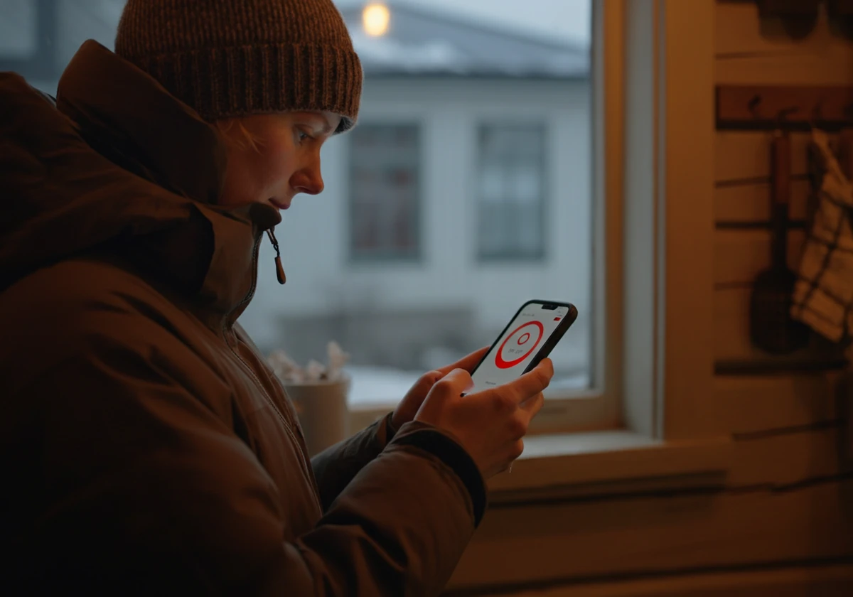 Person sjekker luftkvalitet-app med rødt varsel i Oslo om vinteren