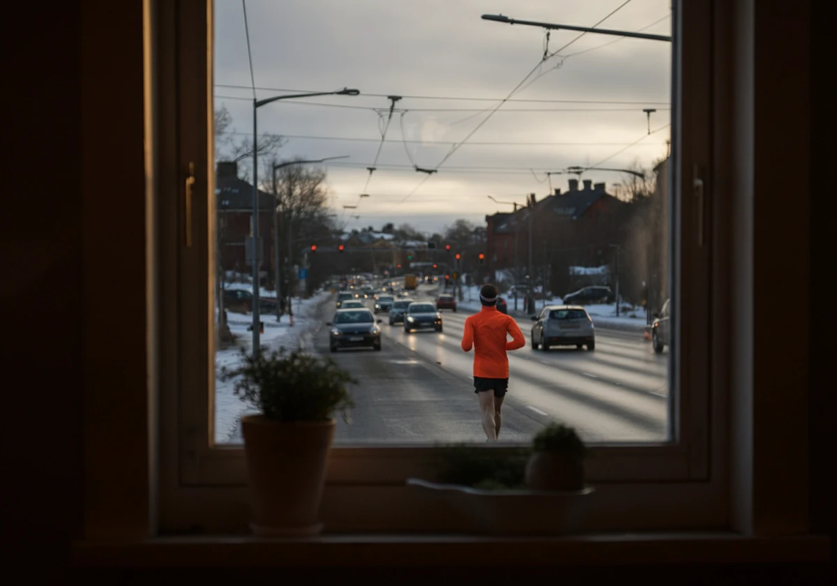 Løper trener langs en trafikkert vei i Oslo om vinteren