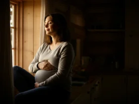 Kvinne sitter ved vinduet hjemme og gjør en rolig pusteøvelse mot stress