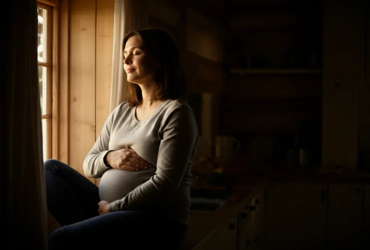 Kvinne sitter ved vinduet hjemme og gjør en rolig pusteøvelse mot stress