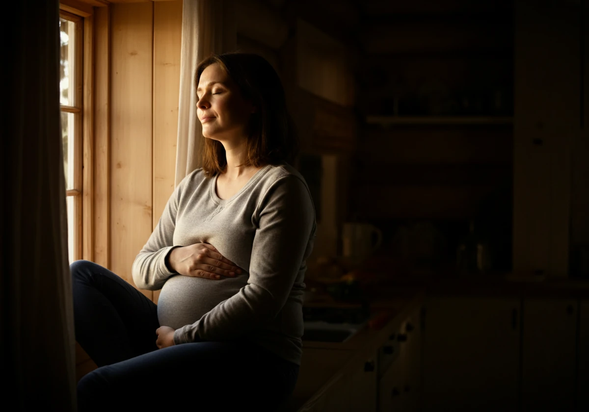 Kvinne sitter ved vinduet hjemme og gjør en rolig pusteøvelse mot stress