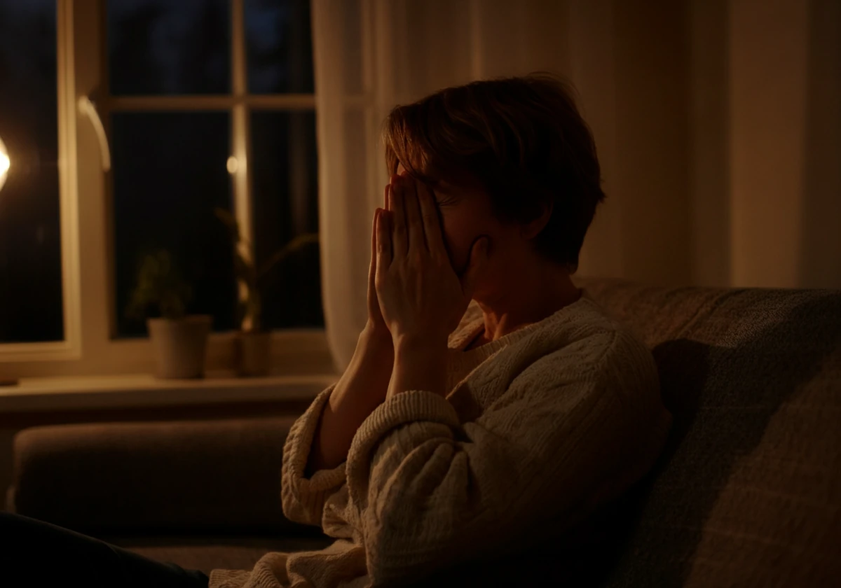 Person tar et dypt sukk hjemme i sofaen for å slippe stress