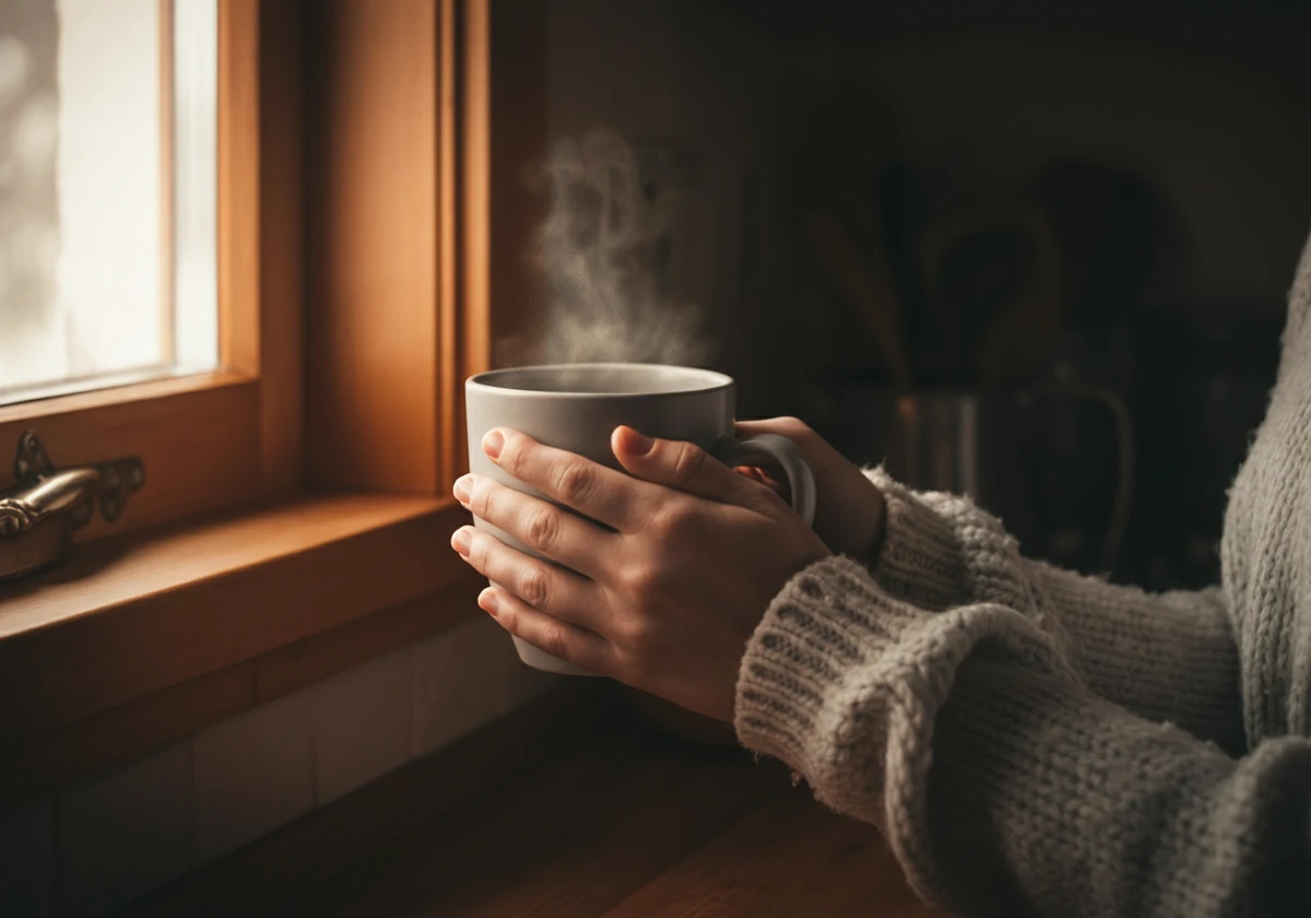Rolig morgen med varm kopp mens pusten roer nervesystemet