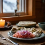 Rakfisk og tarmhelse: tradisjonell rakfisk servert med løk, rømme og flatbrød på et hyttebord