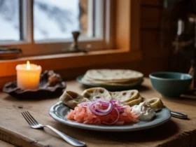 Rakfisk og tarmhelse: tradisjonell rakfisk servert med løk, rømme og flatbrød på et hyttebord