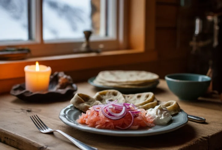 Rakfisk og tarmhelse: tradisjonell rakfisk servert med løk, rømme og flatbrød på et hyttebord