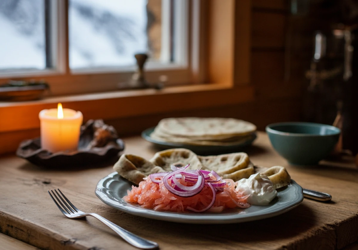 Rakfisk og tarmhelse: tradisjonell rakfisk servert med løk, rømme og flatbrød på et hyttebord