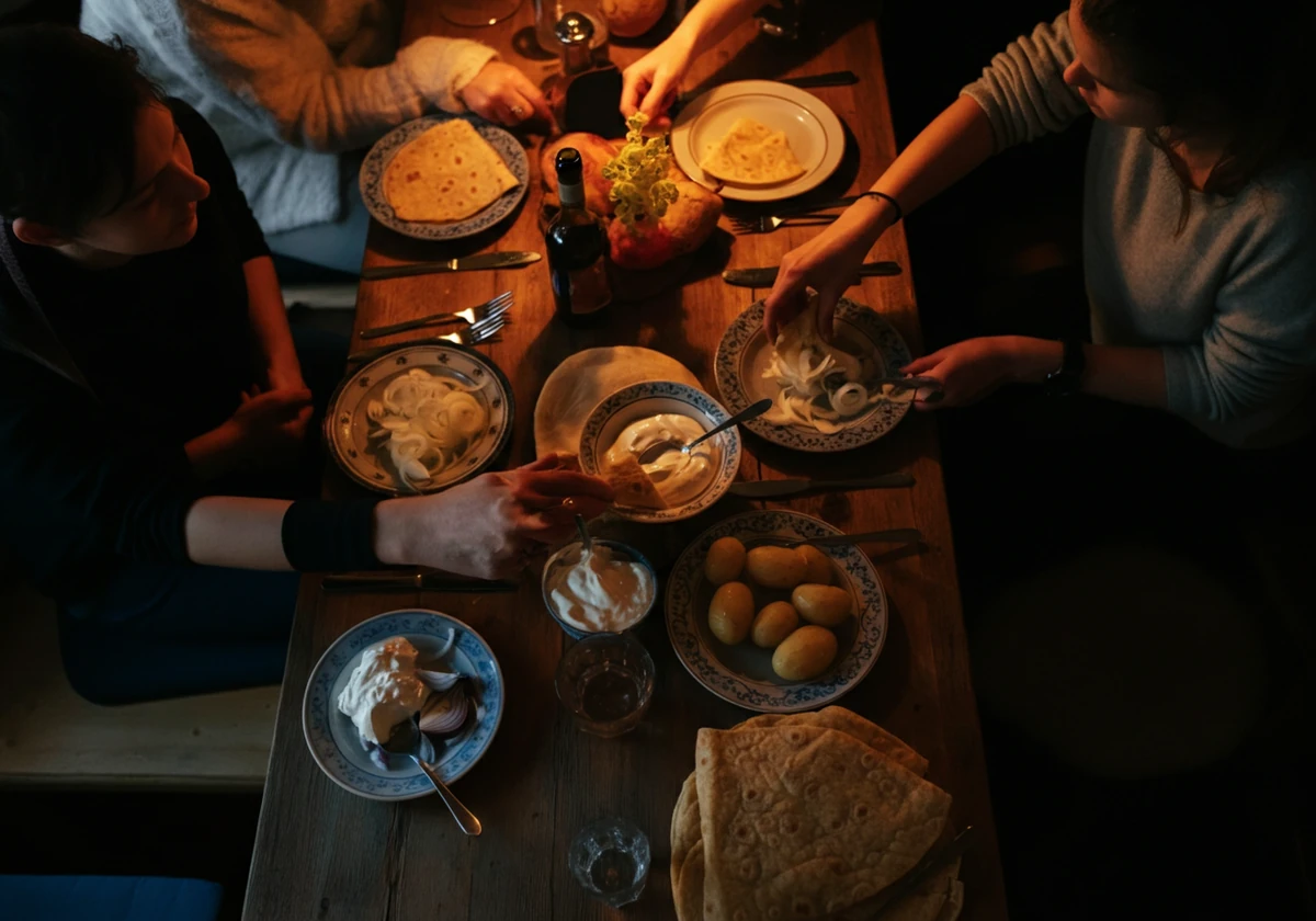 Et rakfisklag rundt et langbord med flatbrød, løk og poteter