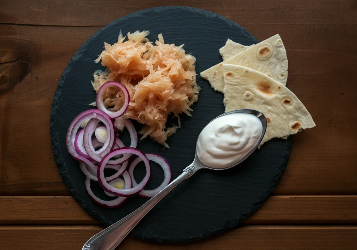 Rakfisk og tarmhelse: rakfisk med rå løk, rømme og flatbrød sett ovenfra