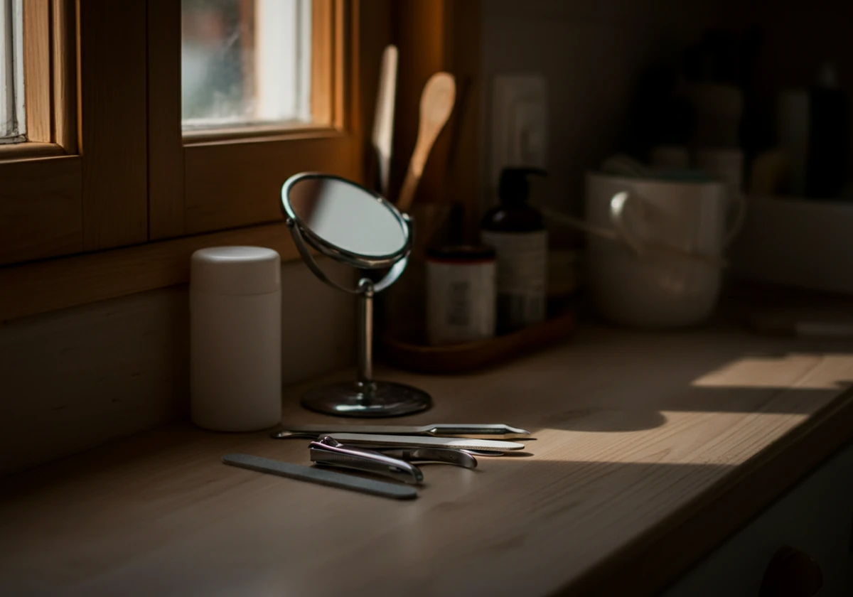 Ryddig sett med tåklipp, neglefil og speil for riktig neglekliping