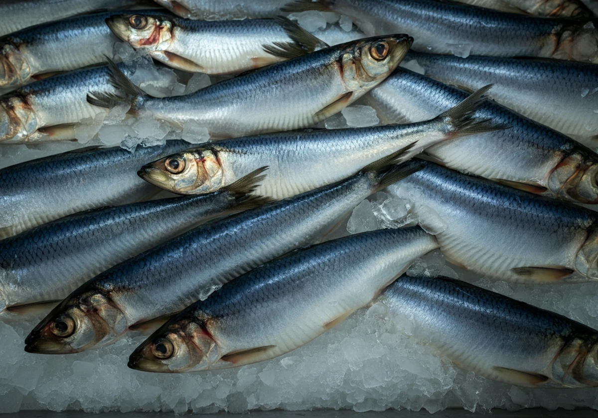 Fersk sild på is i fiskedisken, rik på omega-3